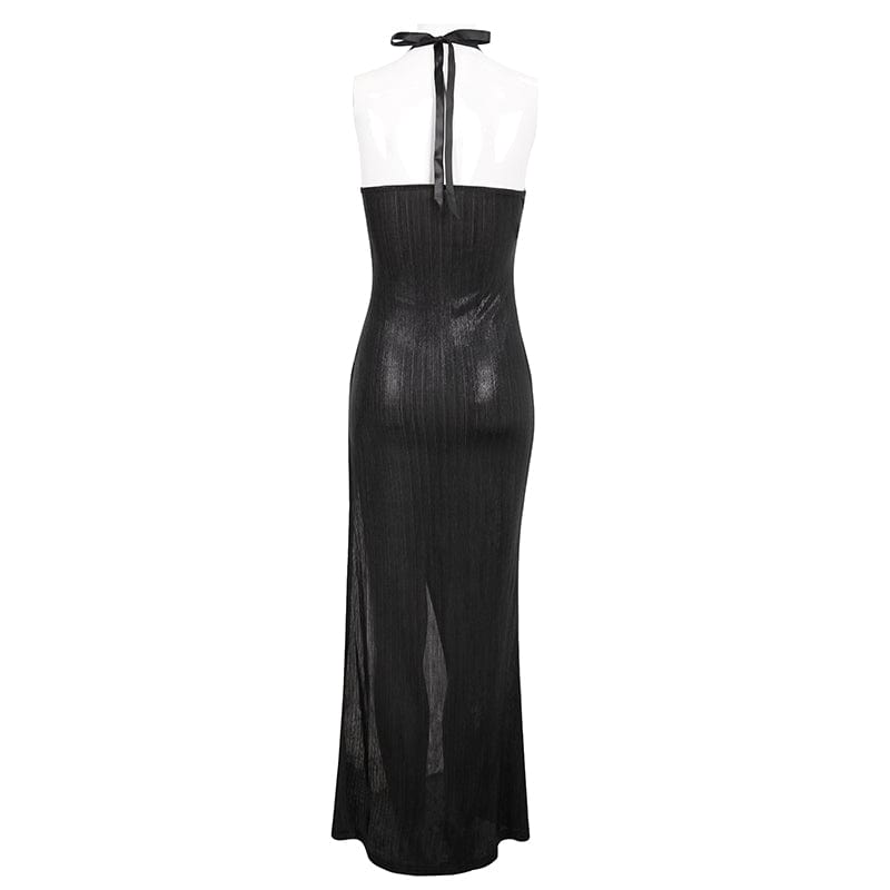DEVIL FASHION Women's Gothic Strappy Chain Split Halterneck Dress