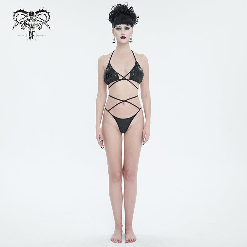 DEVIL FASHION Women's Gothic Strappy Floral Printed Bikini