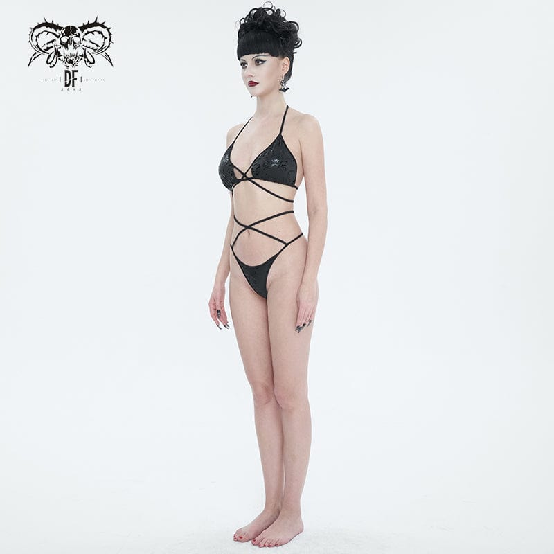DEVIL FASHION Women's Gothic Strappy Floral Printed Bikini