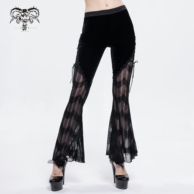 DEVIL FASHION Women's Gothic Strappy Lace Splice Flared Leggings