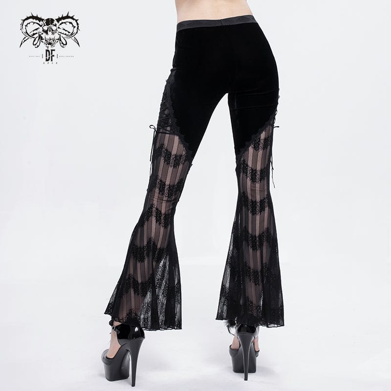 DEVIL FASHION Women's Gothic Strappy Lace Splice Flared Leggings