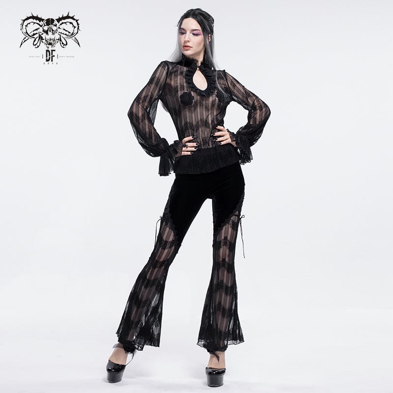 DEVIL FASHION Women's Gothic Strappy Lace Splice Flared Leggings