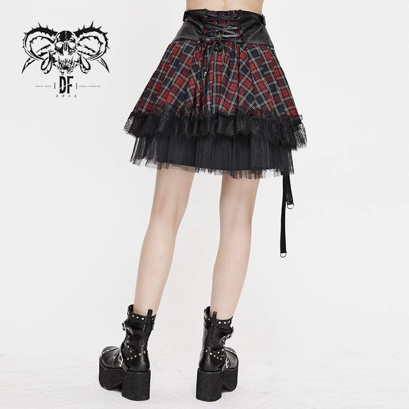DEVIL FASHION Women's Gothic Strappy Mesh Plaid Skirts With Chains