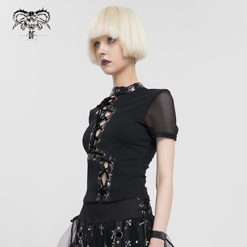 DEVIL FASHION Women's Gothic Strappy Mesh Splice Asymmetrical Shirt