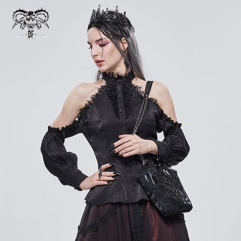 DEVIL FASHION Women's Gothic Strappy Off Shoulder Lace Hem Black Shirt