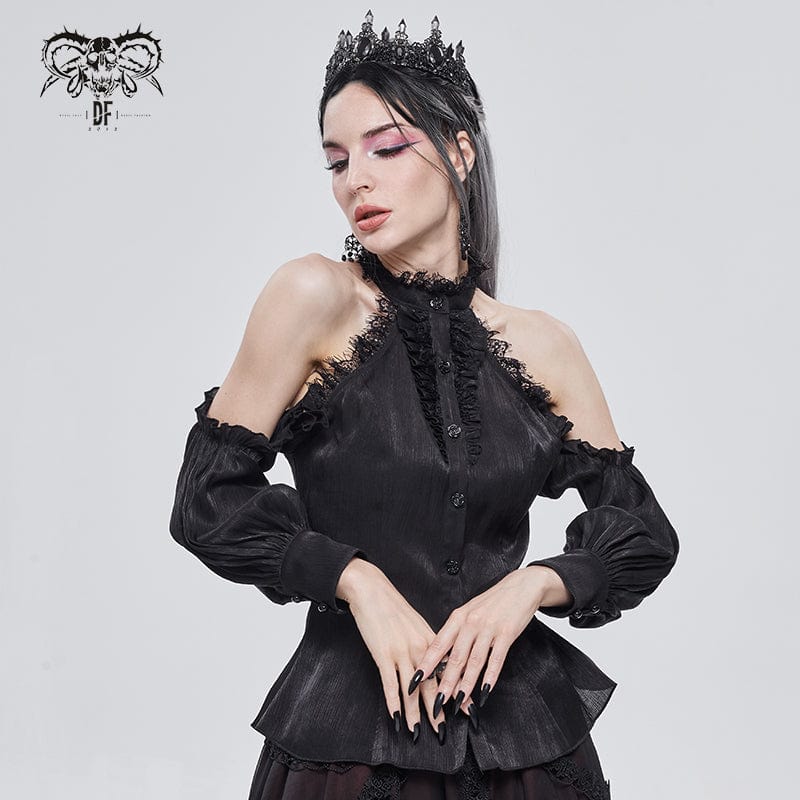 DEVIL FASHION Women's Gothic Strappy Off Shoulder Lace Hem Black Shirt