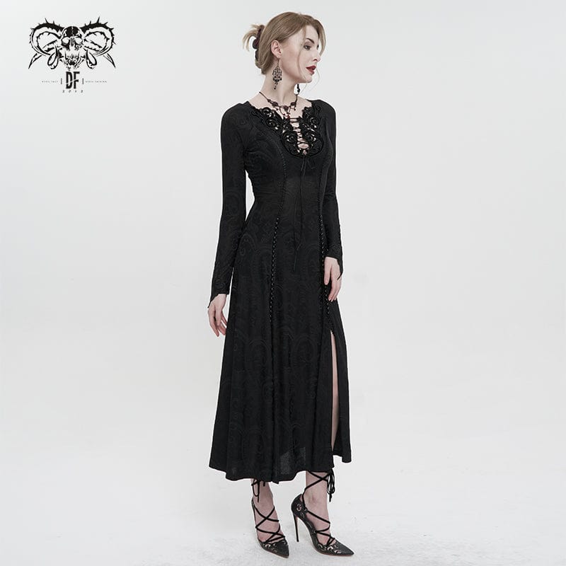DEVIL FASHION Women's Gothic Strappy Plunging Floral Embroidered Dress