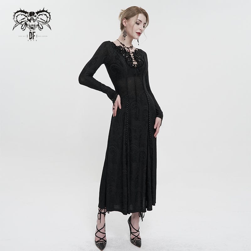 DEVIL FASHION Women's Gothic Strappy Plunging Floral Embroidered Dress