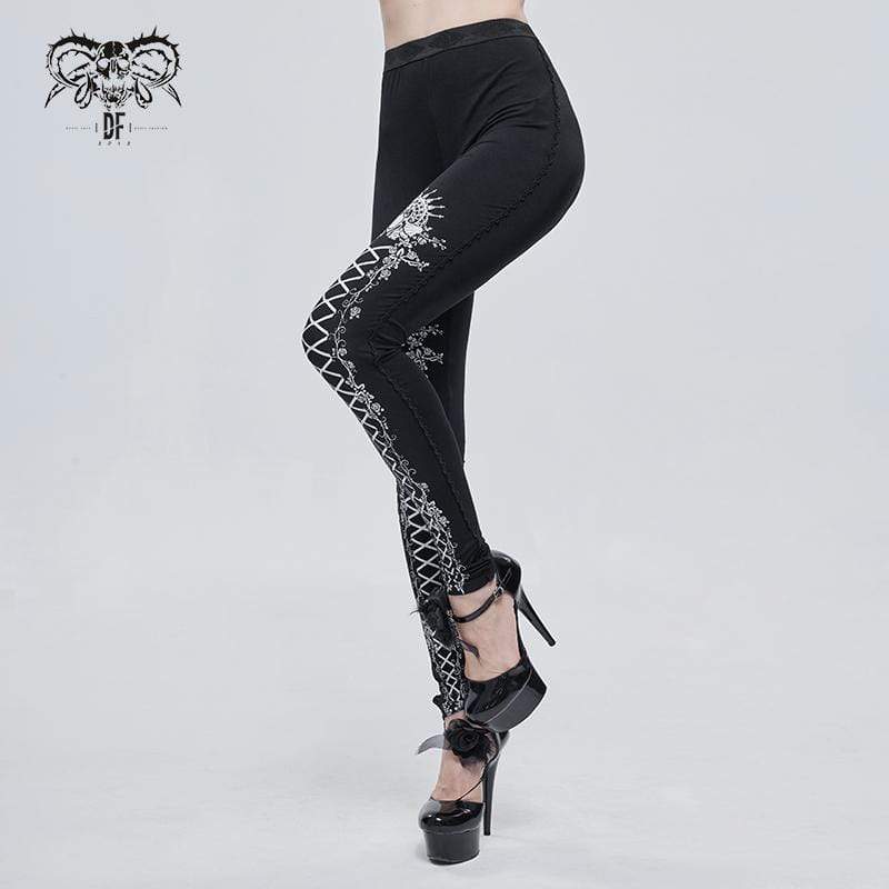 DEVIL FASHION Women's Gothic Strappy Printed Leggings White