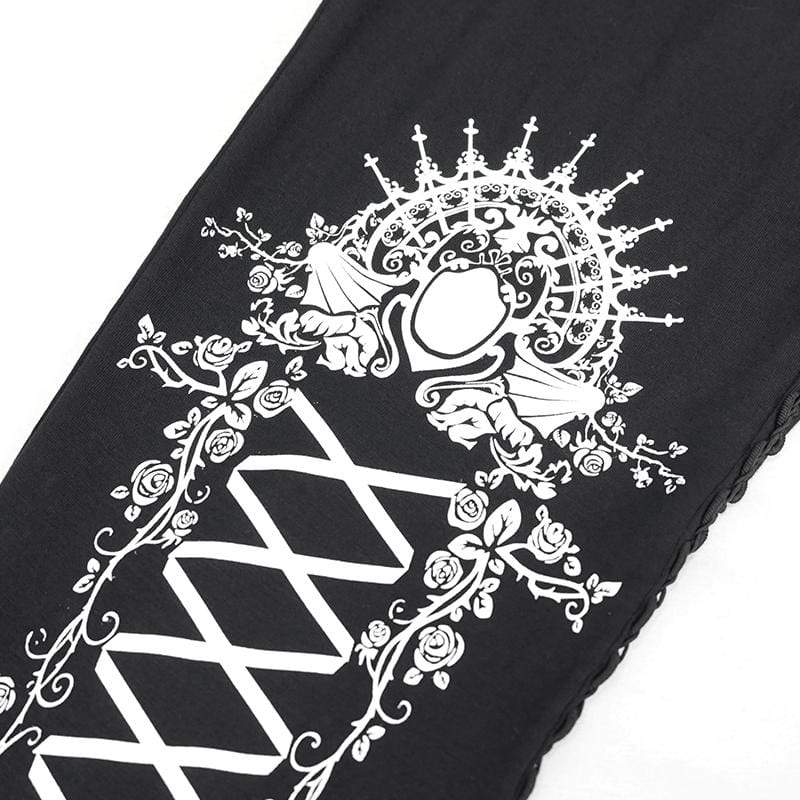 DEVIL FASHION Women's Gothic Strappy Printed Leggings White