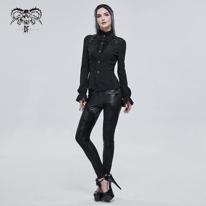 DEVIL FASHION Women's Gothic Strappy Puff Sleeved Ruched Black Shirt
