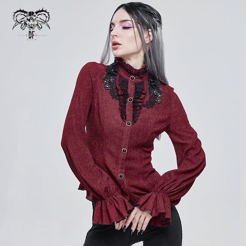 DEVIL FASHION Women's Gothic Strappy Puff Sleeved Ruched Red Shirt