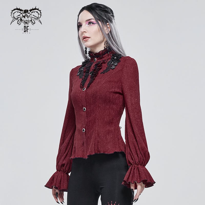 DEVIL FASHION Women's Gothic Strappy Puff Sleeved Ruched Red Shirt