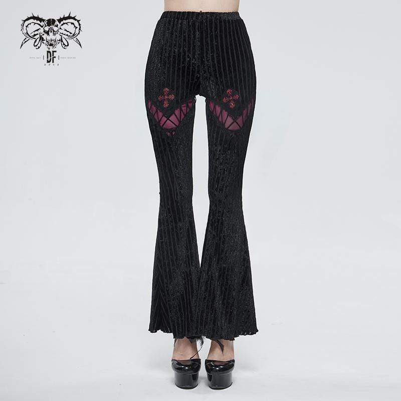 DEVIL FASHION Women's Gothic Strappy Splice Ribbed Flared Pants