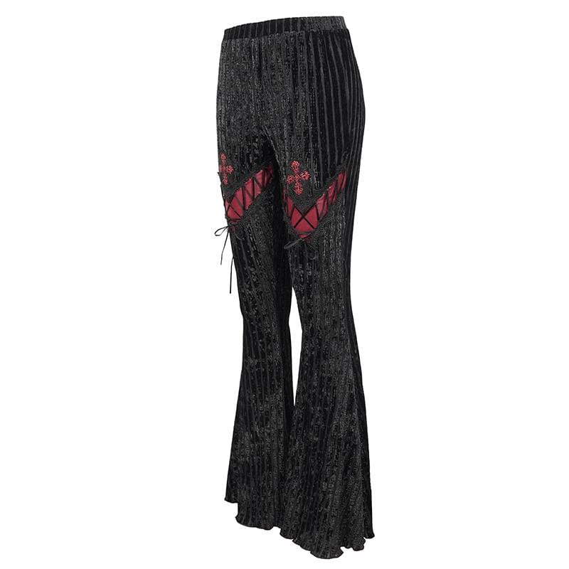 DEVIL FASHION Women's Gothic Strappy Splice Ribbed Flared Pants