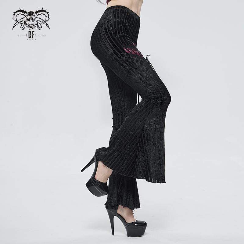 DEVIL FASHION Women's Gothic Strappy Splice Ribbed Flared Pants