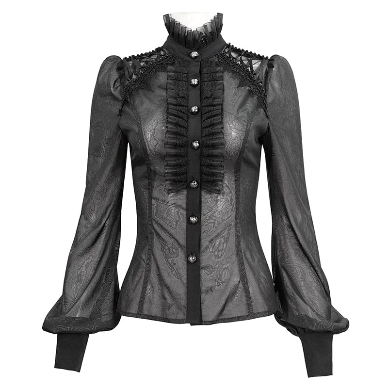 DEVIL FASHION Women's Gothic Strappy Stand Collar Ruffled Shirt