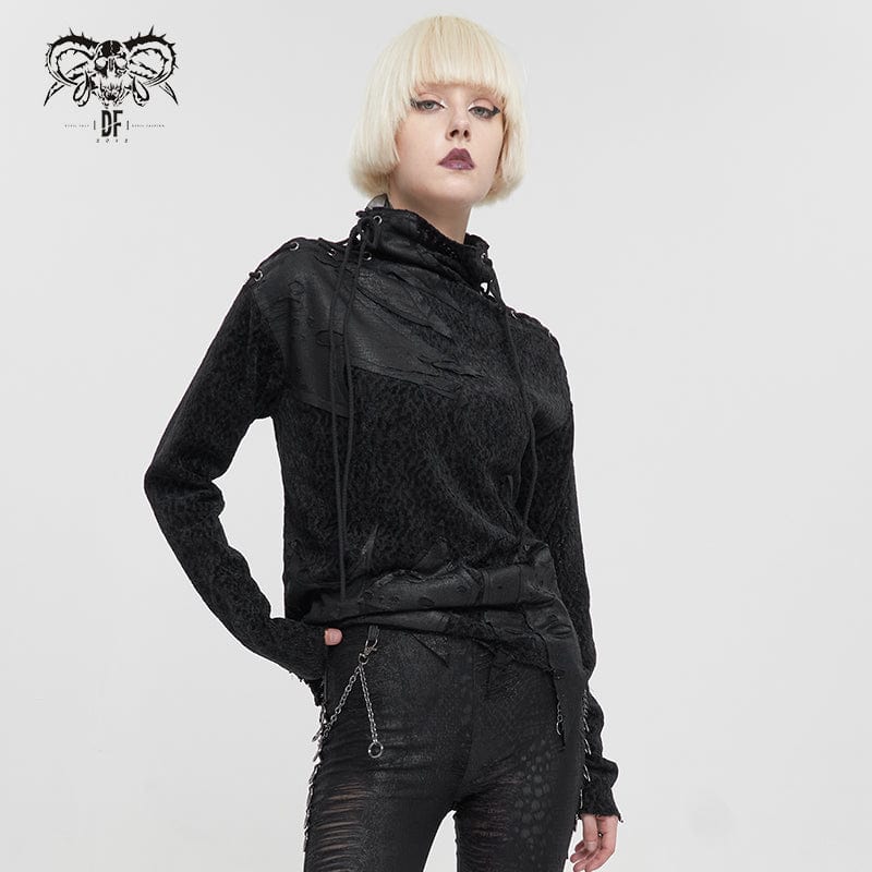 DEVIL FASHION Women's Gothic Strappy Turtleneck Ripped Shirt