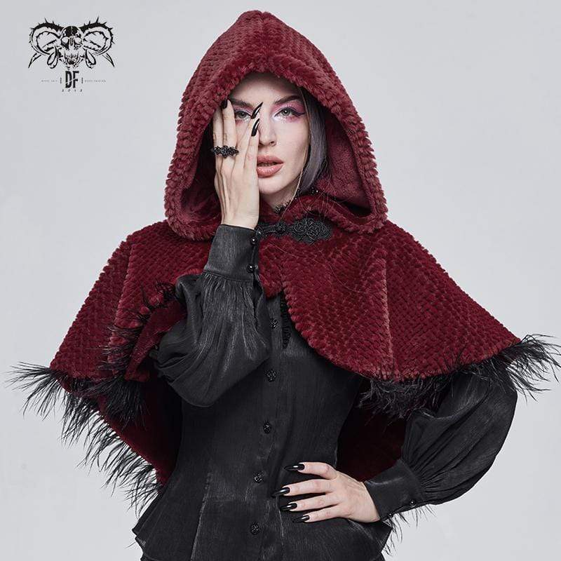 DEVIL FASHION Women's Gothic Strappy Unedged Cloak with Hood Red