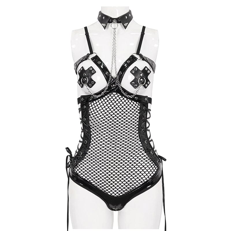 DEVIL FASHION Women's Gothic Studded Mesh Splice Patent Leather Bodysuit