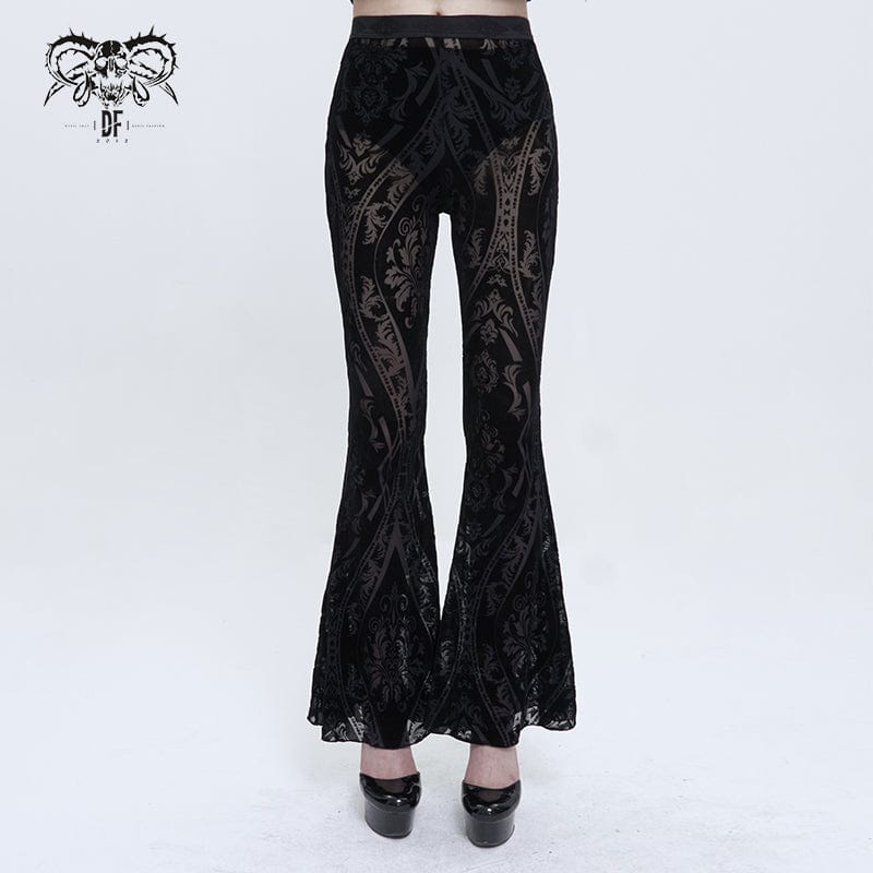 DEVIL FASHION Women's Gothic Totem Printed Sheer Flared Pants