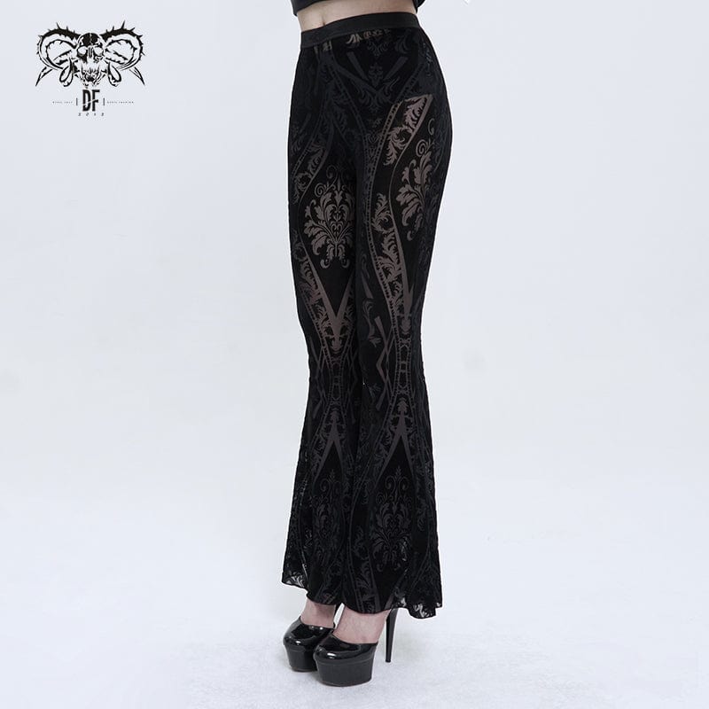 DEVIL FASHION Women's Gothic Totem Printed Sheer Flared Pants