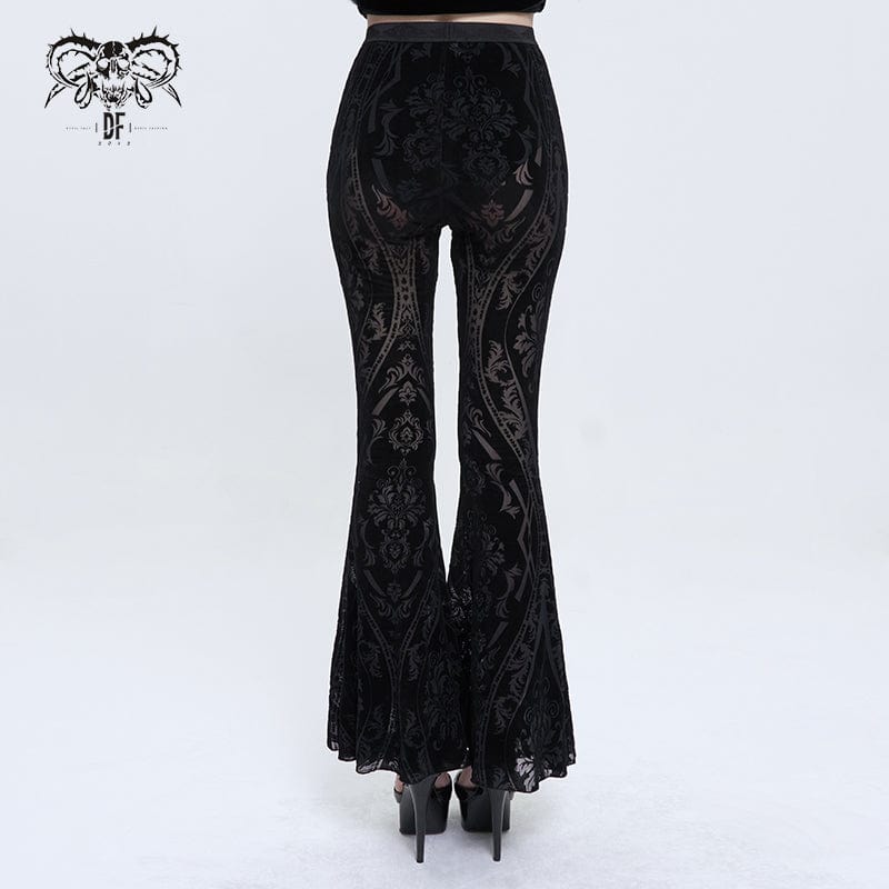 DEVIL FASHION Women's Gothic Totem Printed Sheer Flared Pants