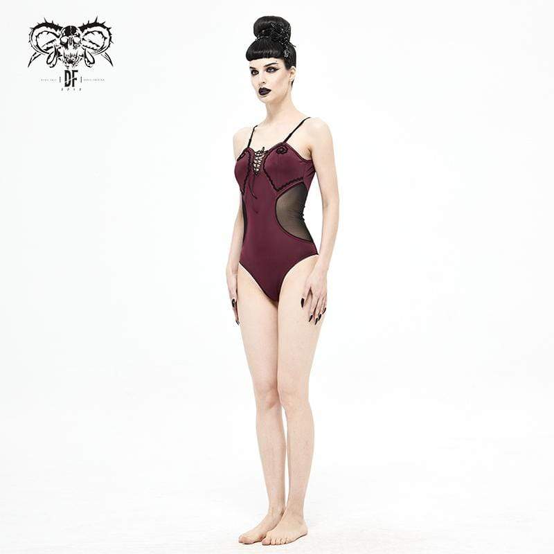Women's Gothic Wine Red One Piece Cutout Swimsuit with Black Straps