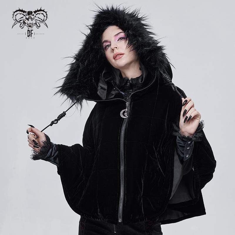 DEVIL FASHION Women's Gothic Zipper Velvet Cloak with Witch Hood