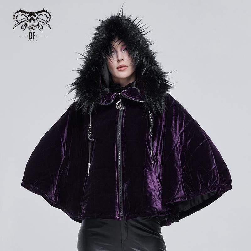 DEVIL FASHION Women's Gothic Zipper Velvet Cloak with Witch Hood