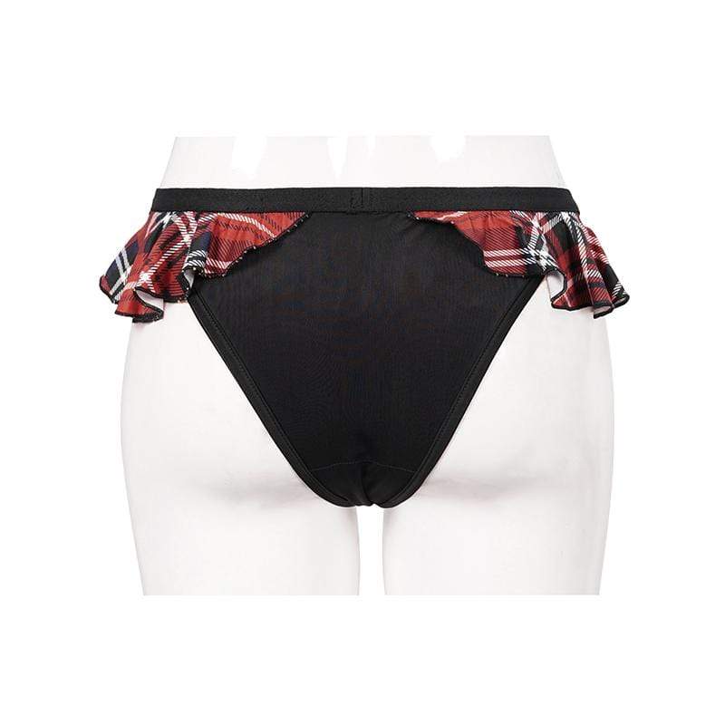 Women's Grunge Black Cheeky Bikini Bottoms with Scottish Check Ruffles