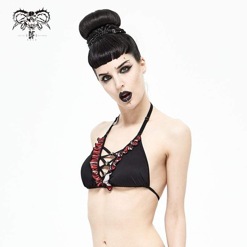 Women's Grunge Black Halterneck Bikini Top with Scottish Check Ruffles