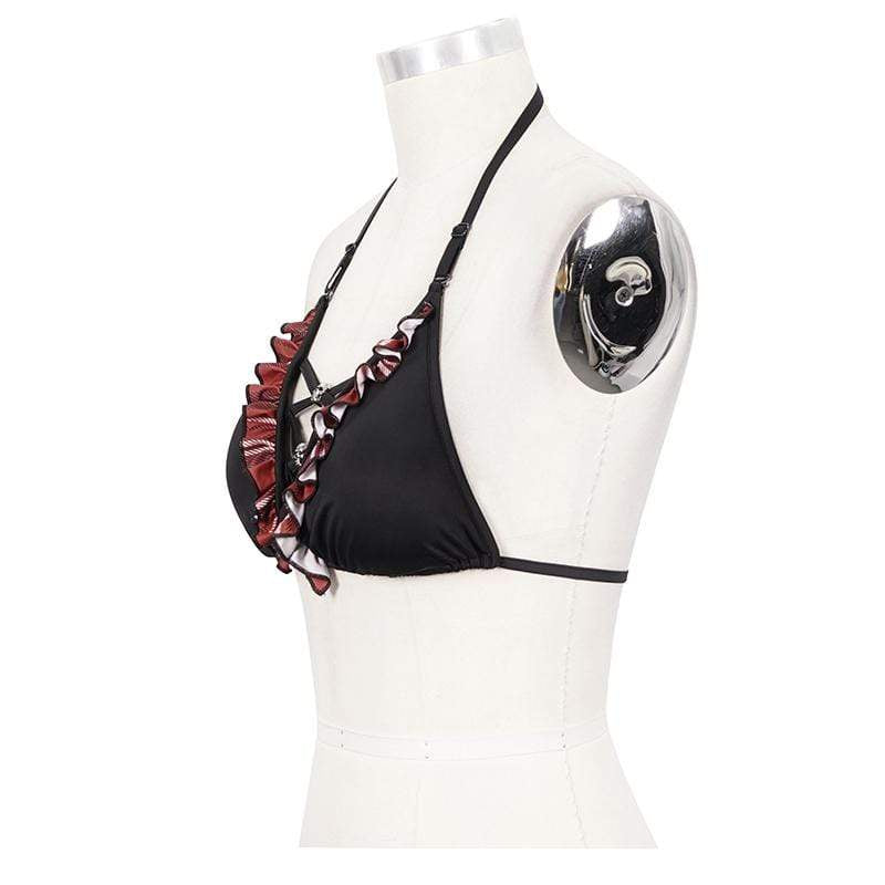 Women's Grunge Black Halterneck Bikini Top with Scottish Check Ruffles