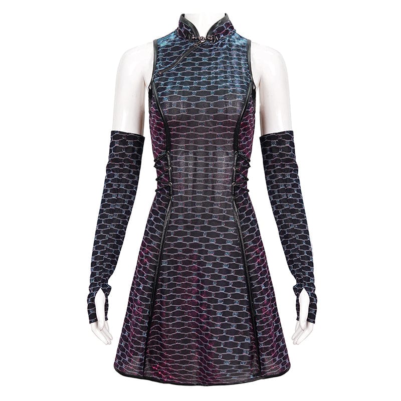 DEVIL FASHION Women's Grunge Cheongsam Collar Scaly Printed Dress with Oversleeves