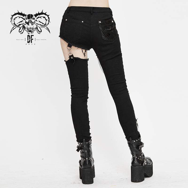Women's Grunge Cutout Ripped Pants With Rivets And Chains