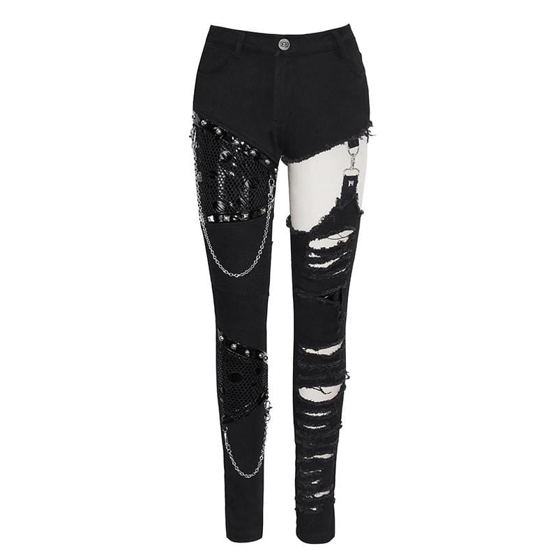 Women's Grunge Cutout Ripped Pants With Rivets And Chains