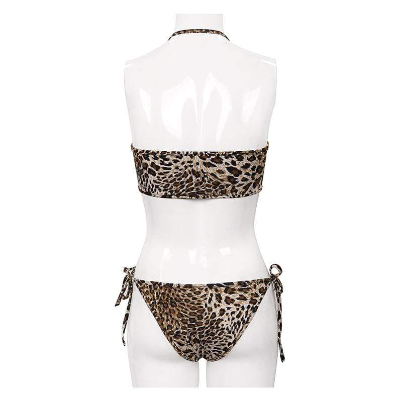 Women's Grunge Leopard Printed Halterneck Side Tie Bikini