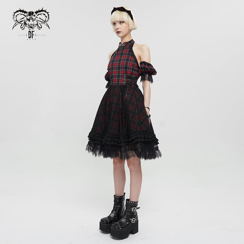 DEVIL FASHION Women's Grunge Off Shoulder Cheongsam Collar Plaid Dress