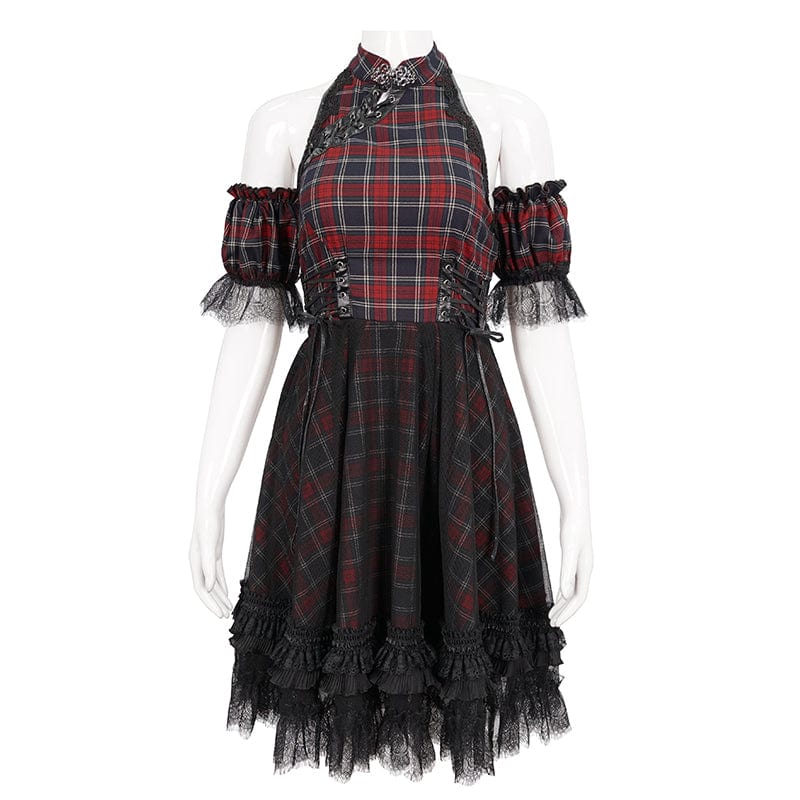 DEVIL FASHION Women's Grunge Off Shoulder Cheongsam Collar Plaid Dress