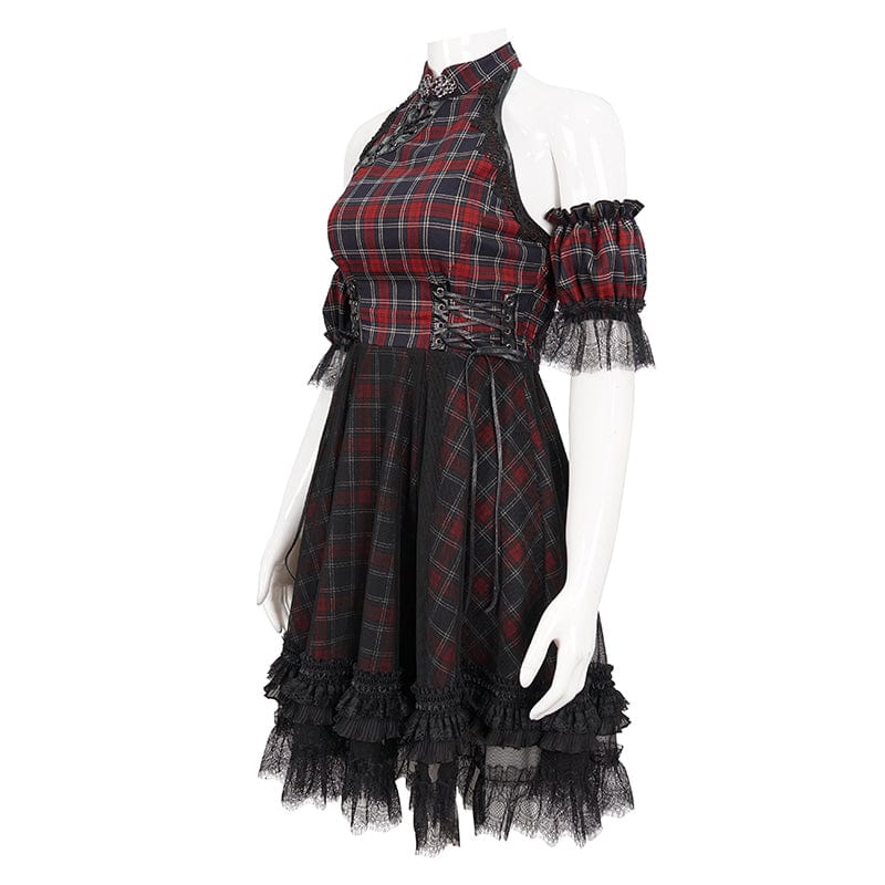 DEVIL FASHION Women's Grunge Off Shoulder Cheongsam Collar Plaid Dress