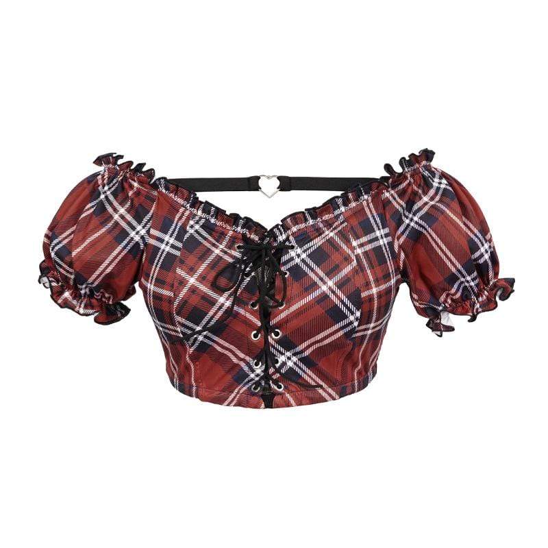 Women's Grunge Red Scottish Check Lace Longline Swim Top
