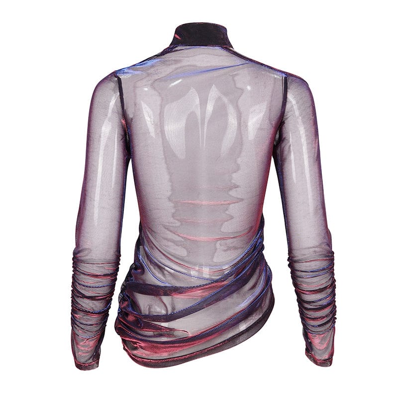 DEVIL FASHION Women's Grunge Slash Shoulder Chromatic Sheer Shirt