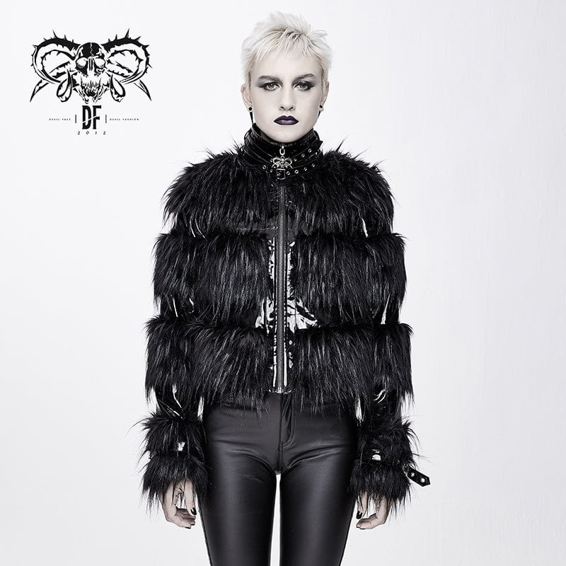 Devil Fashion Women's High Neck Belts Fluffy Pu Jackets