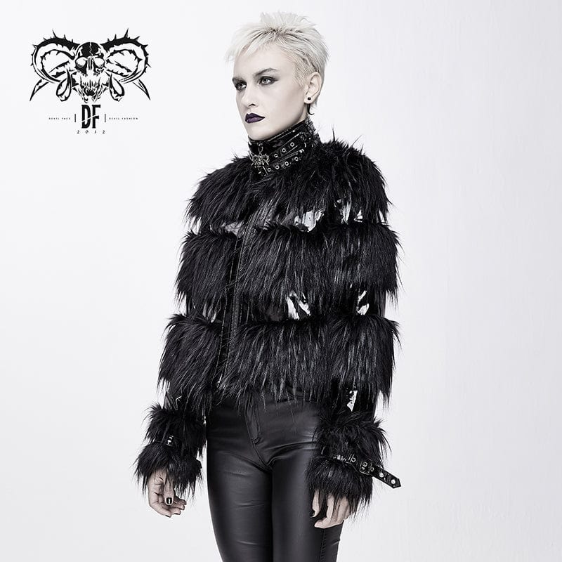 Devil Fashion Women's High Neck Belts Fluffy Pu Jackets