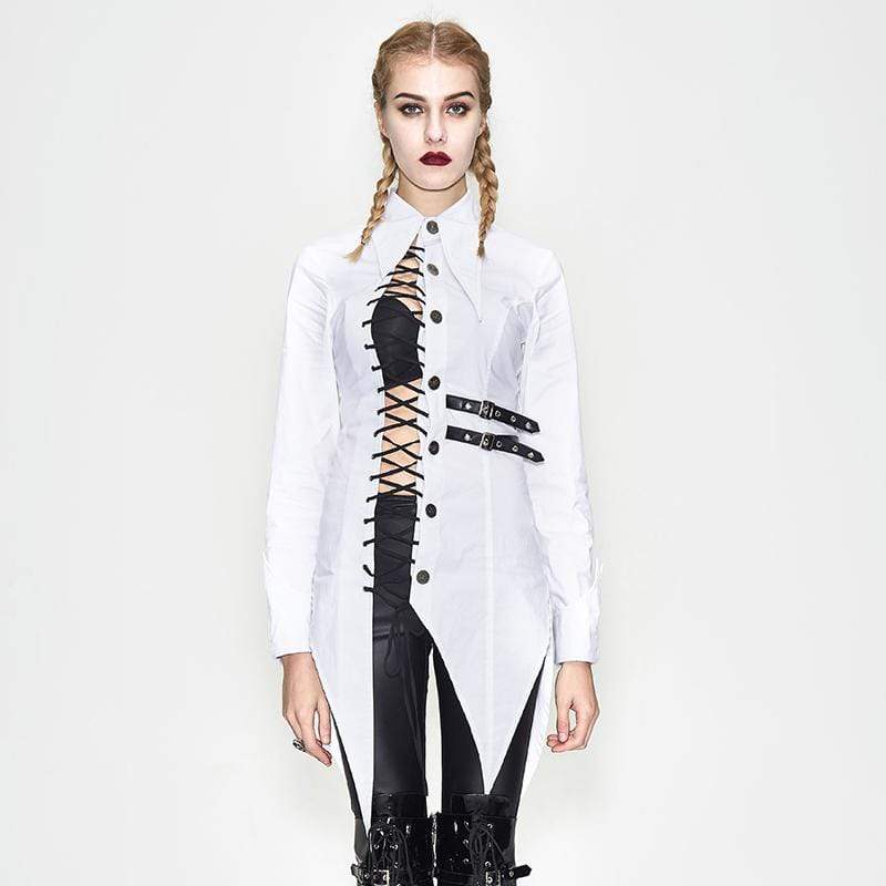 DEVIL FASHION Women's Irregular Hem Punk Long Over Shirt