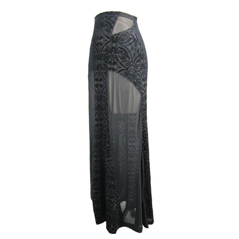 DEVIL FASHION Women's Long Punk Skirt With Sheer Net Panels