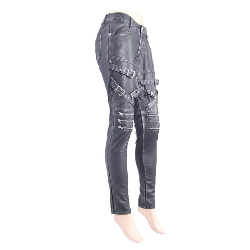 DEVIL FASHION Women's Low Rise Skinny Leather Punk Trousers