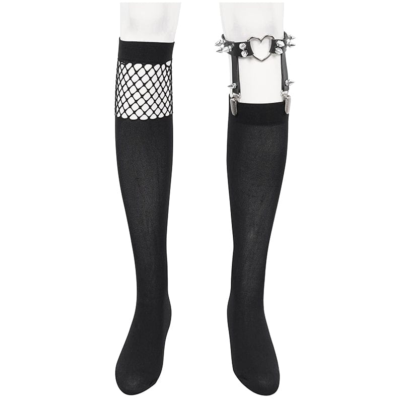 DEVIL FASHION Women's Punk Asymmetrical Mesh Splice Socks with Garter