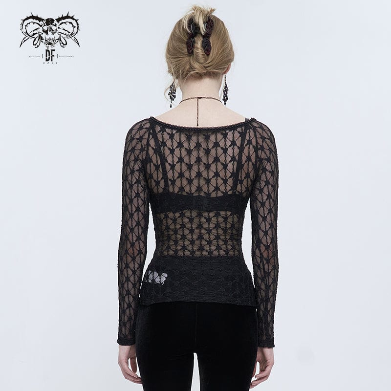 DEVIL FASHION Women's Punk Beaded Sheer Mesh Shirt