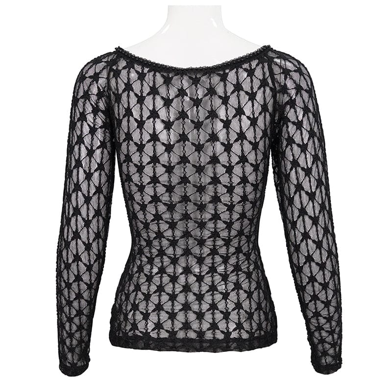 DEVIL FASHION Women's Punk Beaded Sheer Mesh Shirt